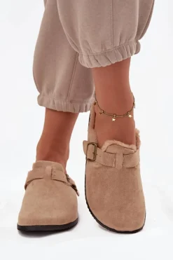 Klapki Chodaki Damskie Ocieplane Futerkiem Z Klamrą Beżowe Sylisse