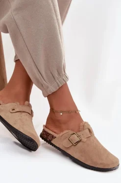 Klapki Chodaki Damskie Ocieplane Futerkiem Z Klamrą Beżowe Sylisse