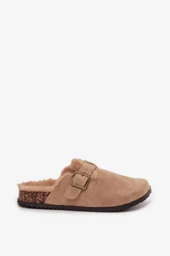 Klapki Chodaki Damskie Ocieplane Futerkiem Z Klamrą Beżowe Sylisse