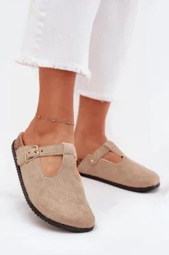 Klapki Chodaki Damskie Ze Złotą Klamrą Beżowe Lirina