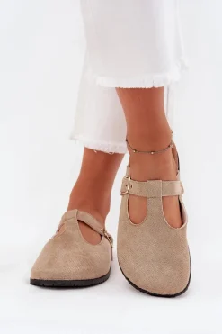 Klapki Chodaki Damskie Ze Złotą Klamrą Beżowe Lirina