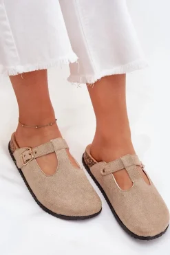 Klapki Chodaki Damskie Ze Złotą Klamrą Beżowe Lirina