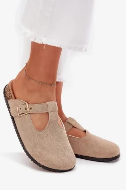 Klapki Chodaki Damskie Ze Złotą Klamrą Beżowe Lirina