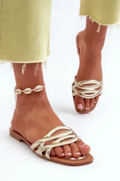 Klapki Damskie Eko Skórzane Na Płaskim Obcasie Złote Moldela