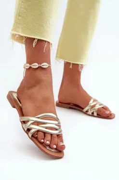 Klapki Damskie Eko Skórzane Na Płaskim Obcasie Złote Moldela