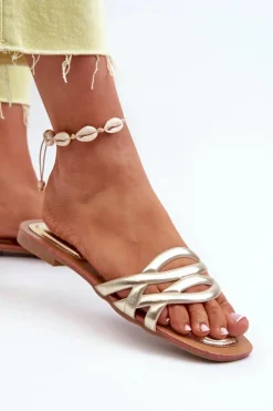 Klapki Damskie Eko Skórzane Na Płaskim Obcasie Złote Moldela