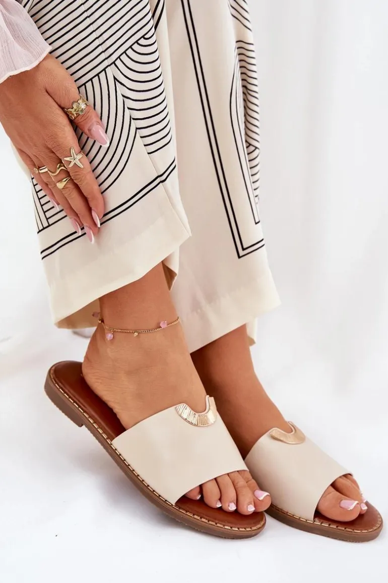 Klapki Damskie Eko Skórzane Z Ozdobnymi Detalami Beżowe Mevith