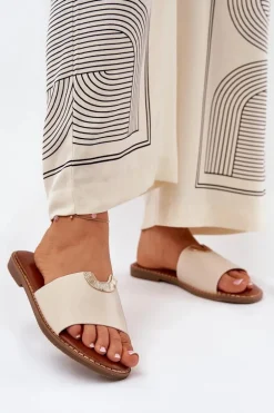 Klapki Damskie Eko Skórzane Z Ozdobnymi Detalami Beżowe Mevith