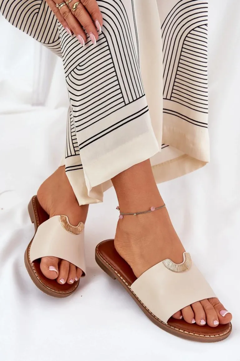 Klapki Damskie Eko Skórzane Z Ozdobnymi Detalami Beżowe Mevith