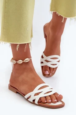 Klapki Damskie Eko Skórzane Na Płaskim Obcasie Białe Moldela