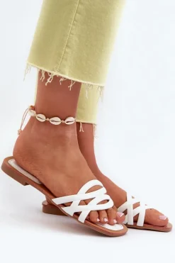 Klapki Damskie Eko Skórzane Na Płaskim Obcasie Białe Moldela