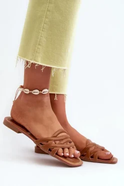 Klapki Damskie Eko Skórzane Na Płaskim Obcasie Brązowe Moldela