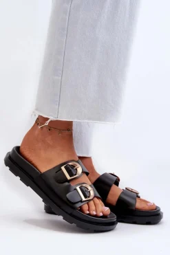 Klapki Damskie Eko Skórzane Z Klamrami Czarne Valmira