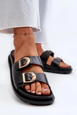 Klapki Damskie Eko Skórzane Z Klamrami Czarne Valmira