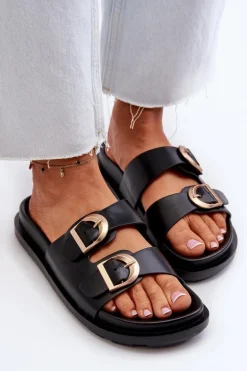 Klapki Damskie Eko Skórzane Z Klamrami Czarne Valmira