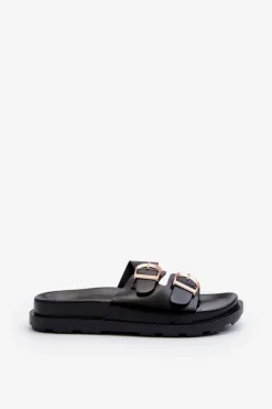 Klapki Damskie Eko Skórzane Z Klamrami Czarne Valmira