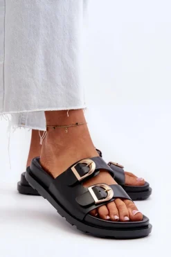 Klapki Damskie Eko Skórzane Z Klamrami Czarne Valmira