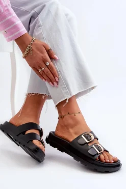 Klapki Damskie Eko Skórzane Z Klamrami Czarne Valmira