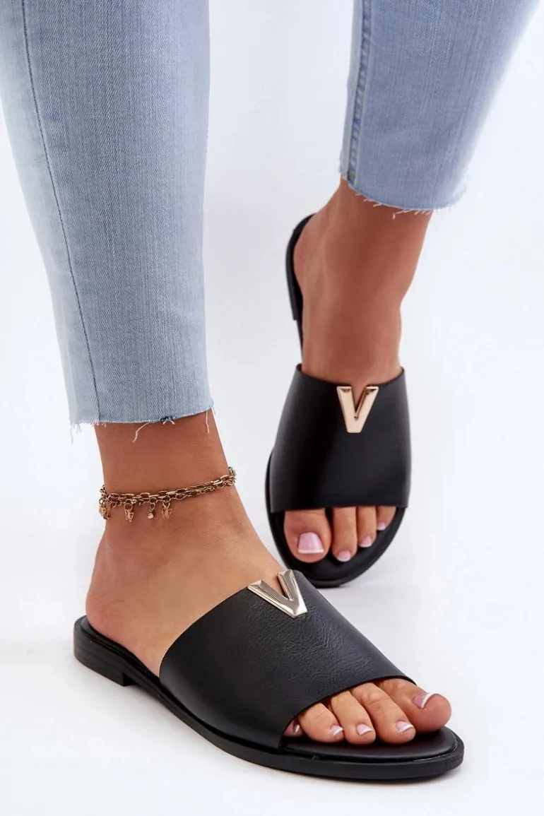 Klapki Damskie Eko Skórzane Na Płaskim Obcasie Czarne Maliha