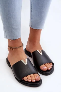 Klapki Damskie Eko Skórzane Na Płaskim Obcasie Czarne Maliha