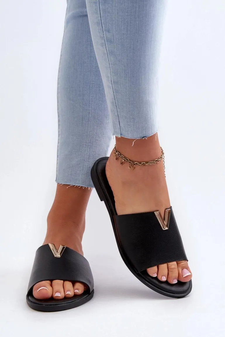 Klapki Damskie Eko Skórzane Na Płaskim Obcasie Czarne Maliha