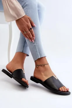 Klapki Damskie Eko Skórzane Na Płaskim Obcasie Czarne Maliha