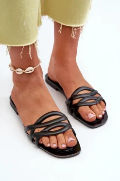 Klapki Damskie Eko Skórzane Na Płaskim Obcasie Czarne Moldela