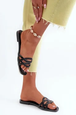 Klapki Damskie Eko Skórzane Na Płaskim Obcasie Czarne Moldela