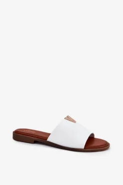 Klapki Damskie Eko Skórzane Na Płaskim Obcasie Białe Maliha