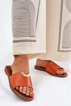 Klapki Damskie Eko Skórzane Z Ozdobnymi Detalami Pomarańczowe Mevith