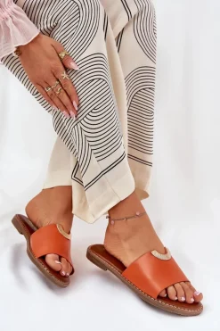 Klapki Damskie Eko Skórzane Z Ozdobnymi Detalami Pomarańczowe Mevith