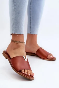 Klapki Damskie Eko Skórzane Na Płaskim Obcasie Brązowe Maliha