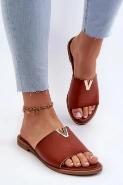 Klapki Damskie Eko Skórzane Na Płaskim Obcasie Brązowe Maliha