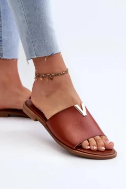 Klapki Damskie Eko Skórzane Na Płaskim Obcasie Brązowe Maliha