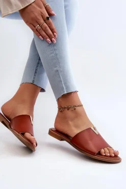 Klapki Damskie Eko Skórzane Na Płaskim Obcasie Brązowe Maliha