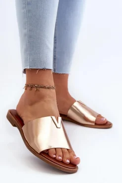 Klapki Damskie Eko Skórzane Na Płaskim Obcasie Złote Maliha