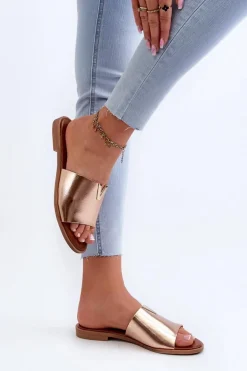 Klapki Damskie Eko Skórzane Na Płaskim Obcasie Złote Maliha