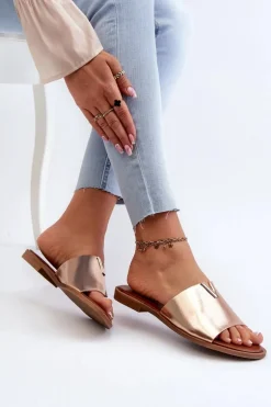 Klapki Damskie Eko Skórzane Na Płaskim Obcasie Złote Maliha