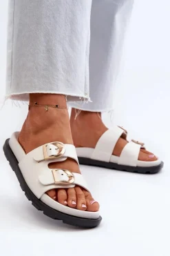 Klapki Damskie Eko Skórzane Z Klamrami Białe Valmira