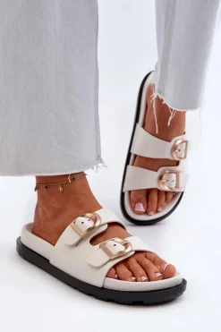 Klapki Damskie Eko Skórzane Z Klamrami Białe Valmira