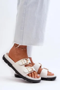 Klapki Damskie Eko Skórzane Z Klamrami Białe Valmira