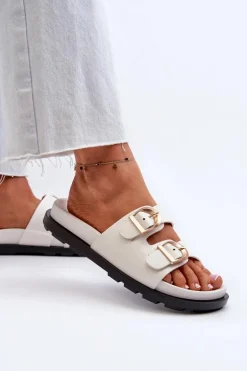 Klapki Damskie Eko Skórzane Z Klamrami Białe Valmira