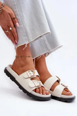 Klapki Damskie Eko Skórzane Z Klamrami Białe Valmira