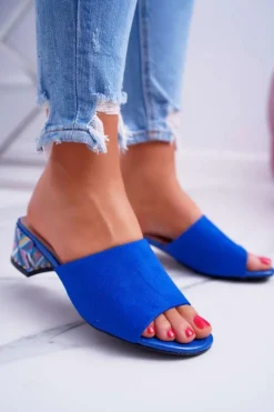 Klapki Damskie Eleganckie Na Klocku Zamszowe Chabrowe Valencia