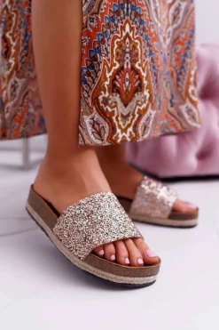 Klapki Damskie Eleganckie Gruba Podeszwa Złote Jersey