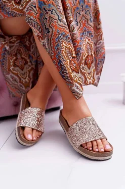 Klapki Damskie Eleganckie Gruba Podeszwa Złote Jersey