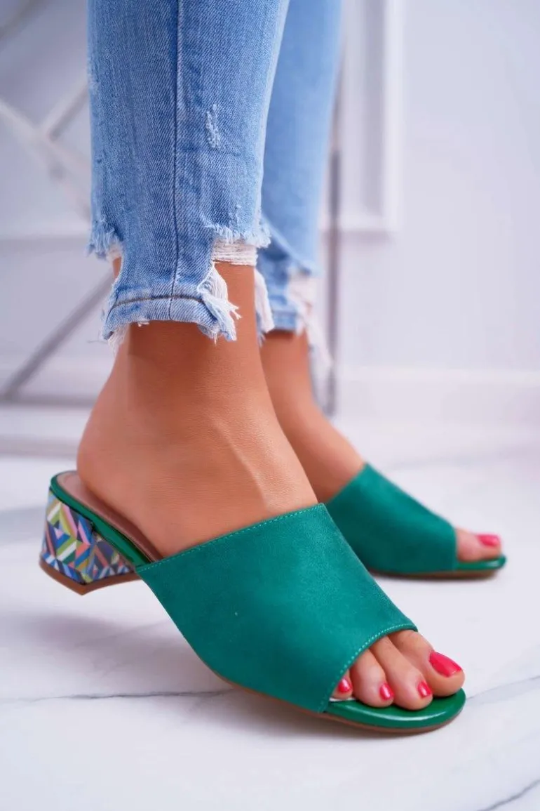 Klapki Damskie Eleganckie Na Klocku Zamszowe Zielone Valencia