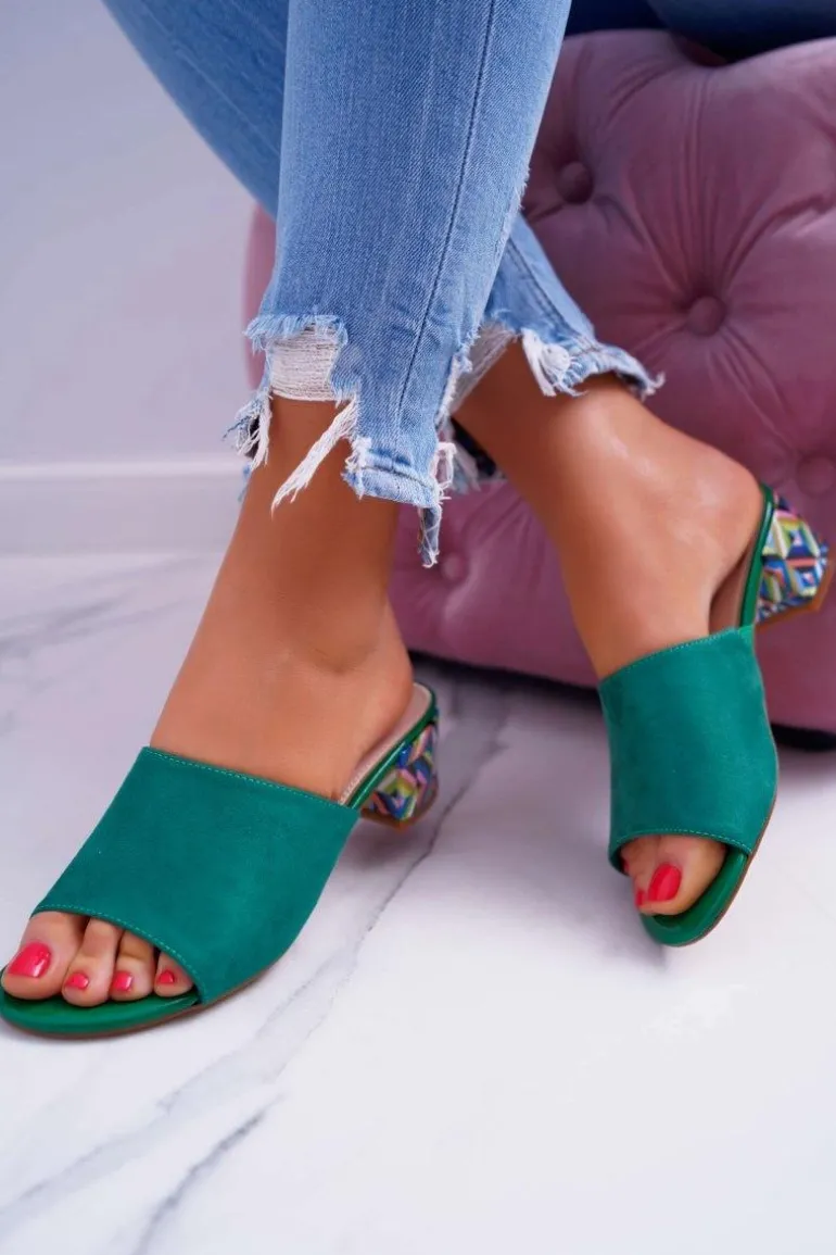 Klapki Damskie Eleganckie Na Klocku Zamszowe Zielone Valencia