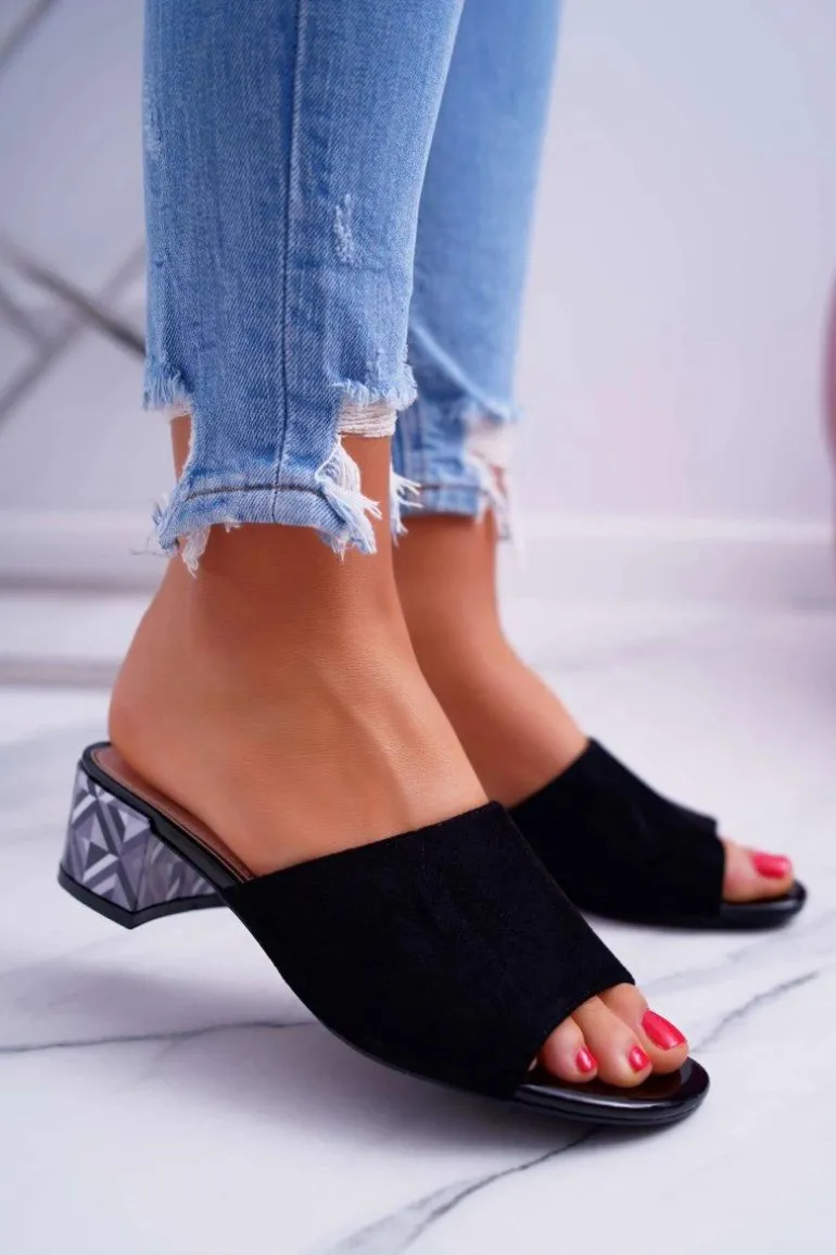 Klapki Damskie Eleganckie Na Klocku Zamszowe Czarne Valencia