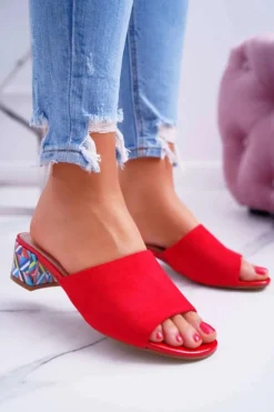 Klapki Damskie Eleganckie Na Klocku Zamszowe Czerwone Valencia